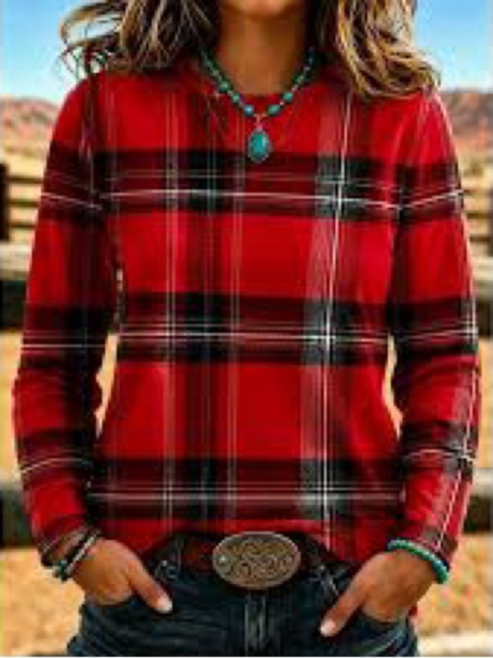 Tahari Red Black & White Plaid Turtleneck Sweater size Large